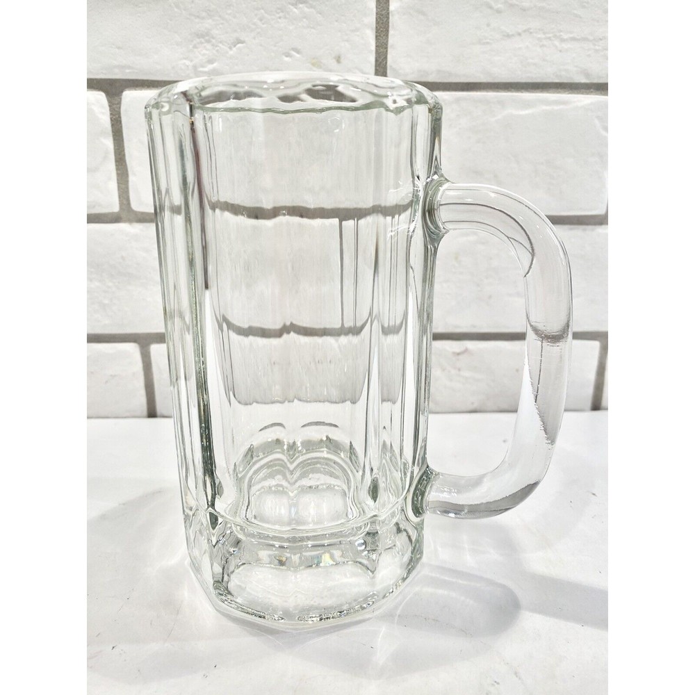 Heavy BEER MUG Large 6” Clear Glass with‎ Handle & Octagon Panel Bottom